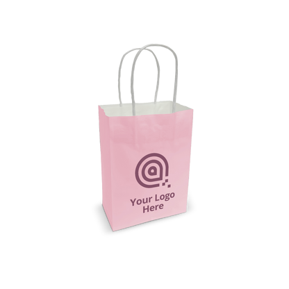 Custom pink kraft paper bag with twisted handles and logo print 