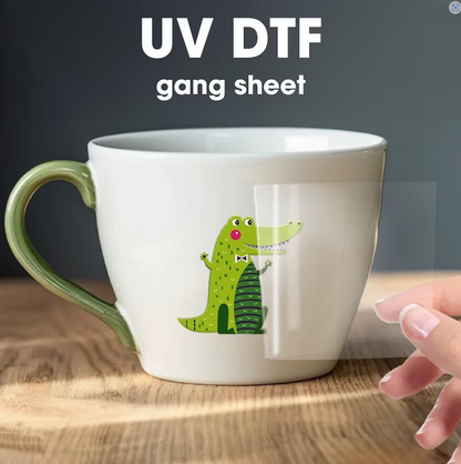 Custom UV DTF sticker being applied to a ceramic mug featuring a green cartoon crocodile design