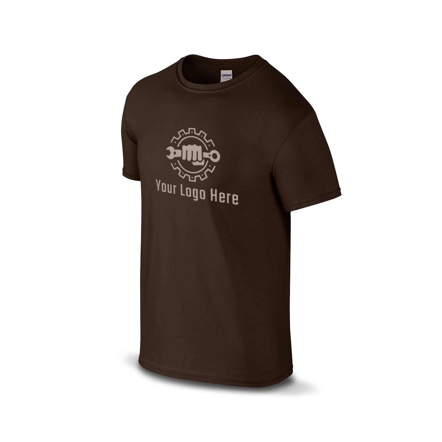 Dark chocolate short-sleeve t-shirt with a white logo and customizable tagline.