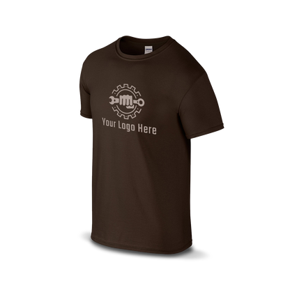 Dark chocolate short-sleeve t-shirt with a white logo and customizable tagline.