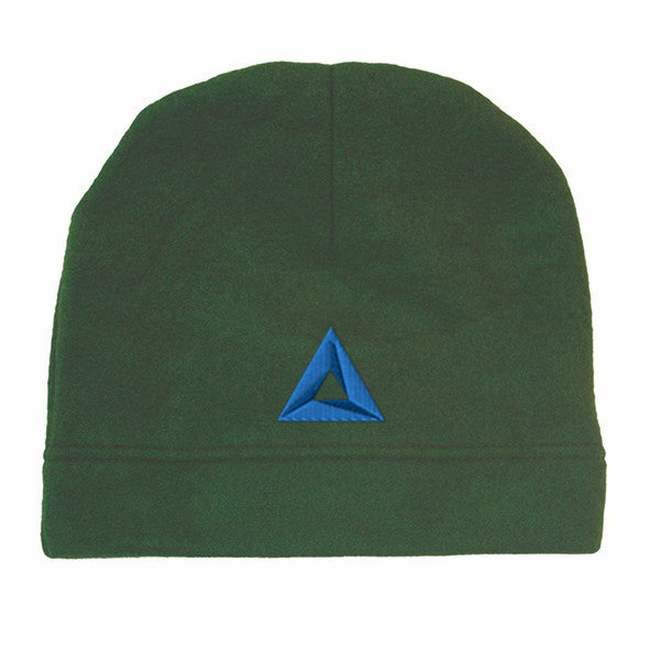 Dark green hemmed polar fleece beanie featuring a dark blue embroidered triangle logo on the front center.