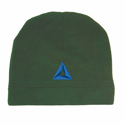 Dark green hemmed polar fleece beanie featuring a dark blue embroidered triangle logo on the front center.
