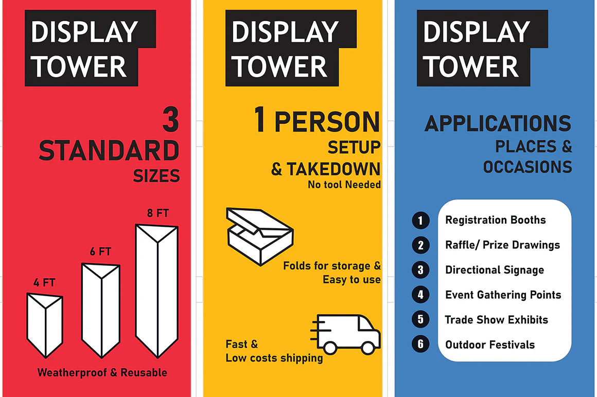 Display tower features 3 standard sizes (4ft, 6ft, 8ft), easy one-person setup, foldable for storage, and suggested uses for trade shows, signage, and festivals