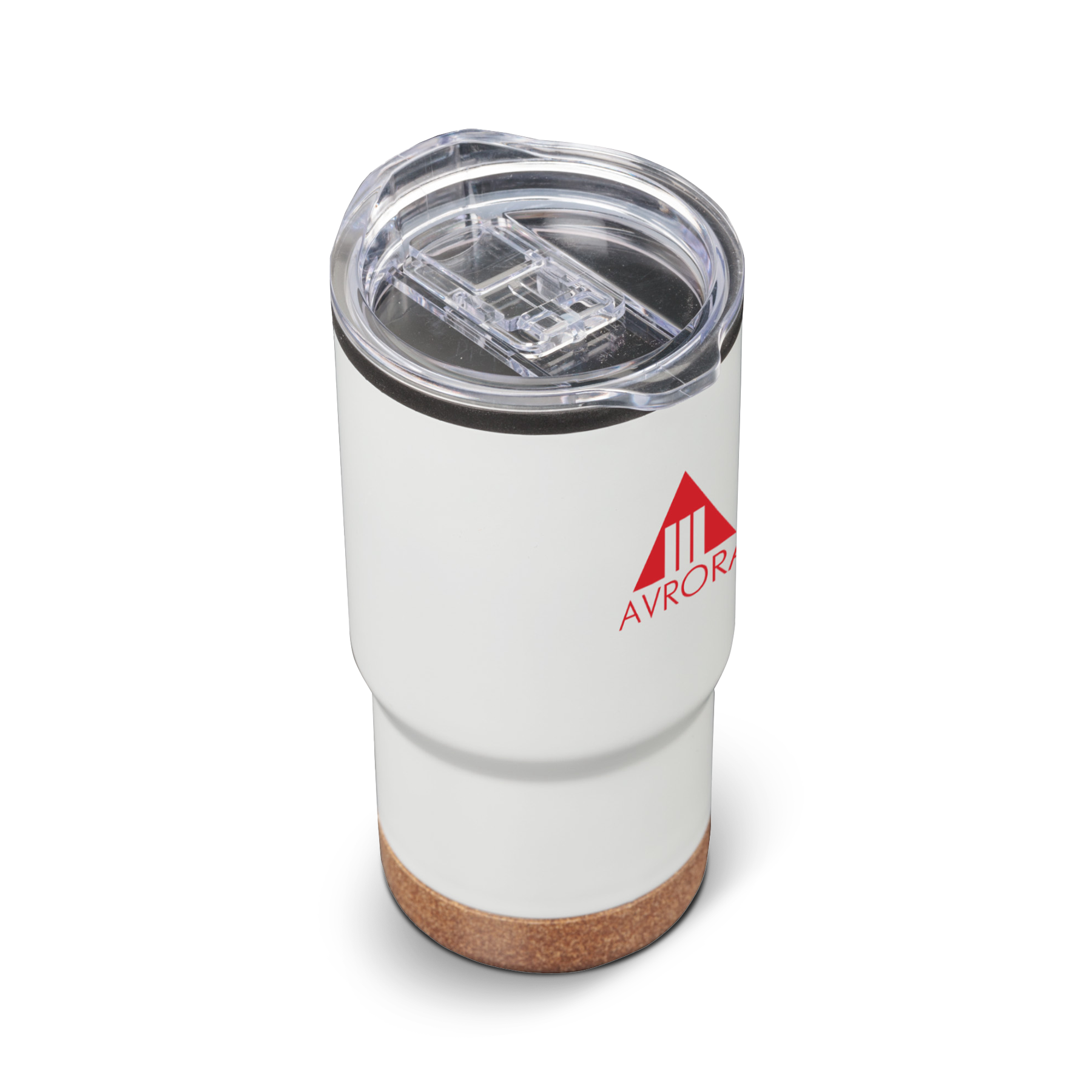 Angled view of a white travel tumbler with clear lid, cork base, and red Avrora logo.