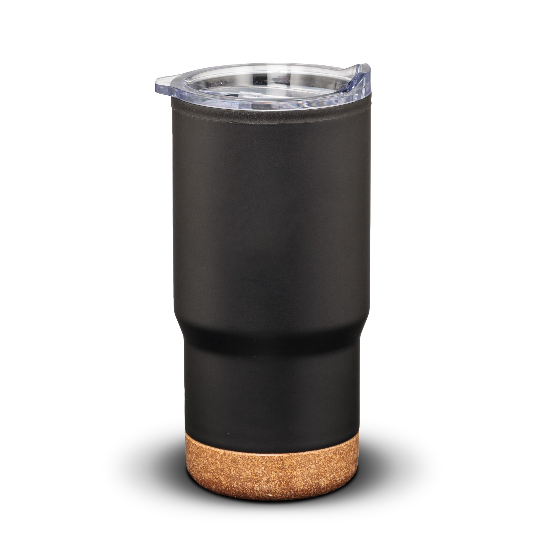 Matte black travel tumbler with clear lid and cork base.
