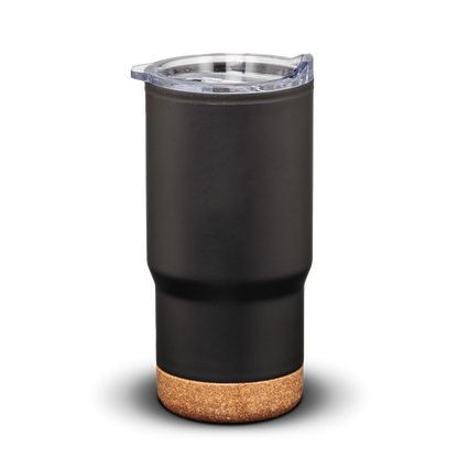 Matte black travel tumbler with clear lid and cork base.