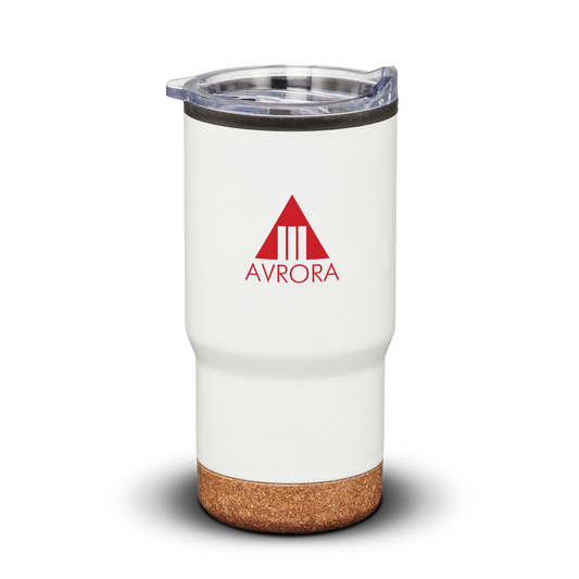 White travel tumbler with clear lid, cork base, and red Avrora logo.