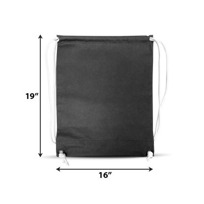 Black non-woven drawstring bag with white cords, 17" x 13" in size
