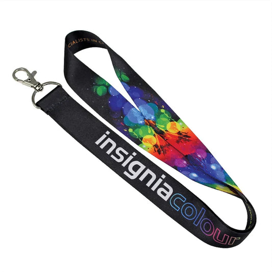 Full color dye sublimated lanyard featuring a vibrant multicolored design and 'insigniacolour' text, with a metal lobster clip attachment