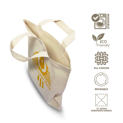 Top view of beige 5oz canvas tote bag with short handles and yellow logo, labeled washable, eco-friendly, and reusable.