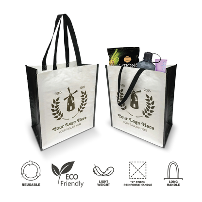 Dual-sided view of a laminated reusable shopping tote with custom logo space