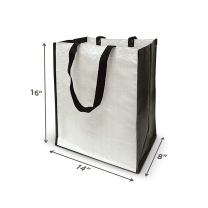 Laminated reusable tote bag with black handles, measuring 16" x 12" x 8" 