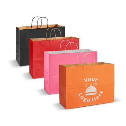Colorful kraft paper shopping bags with twisted paper handles and customizable logo print.