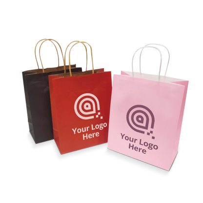 Colorful kraft paper bags with twisted handles, ideal for branding with your custom logo.