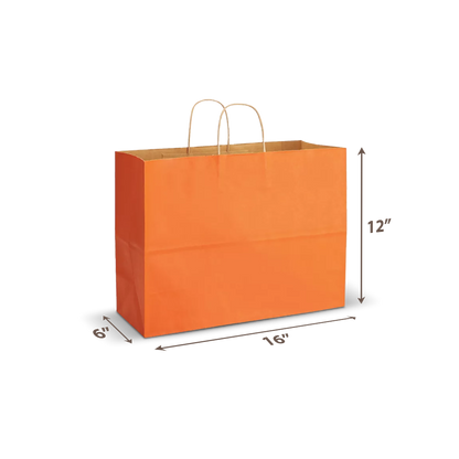 Orange kraft paper bag with twisted paper handles, sized 16" x 6" x 12".