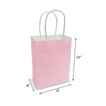 Small pink kraft paper bag with twisted handles, sized 8" x 4" x 10" — perfect for personalized packaging.