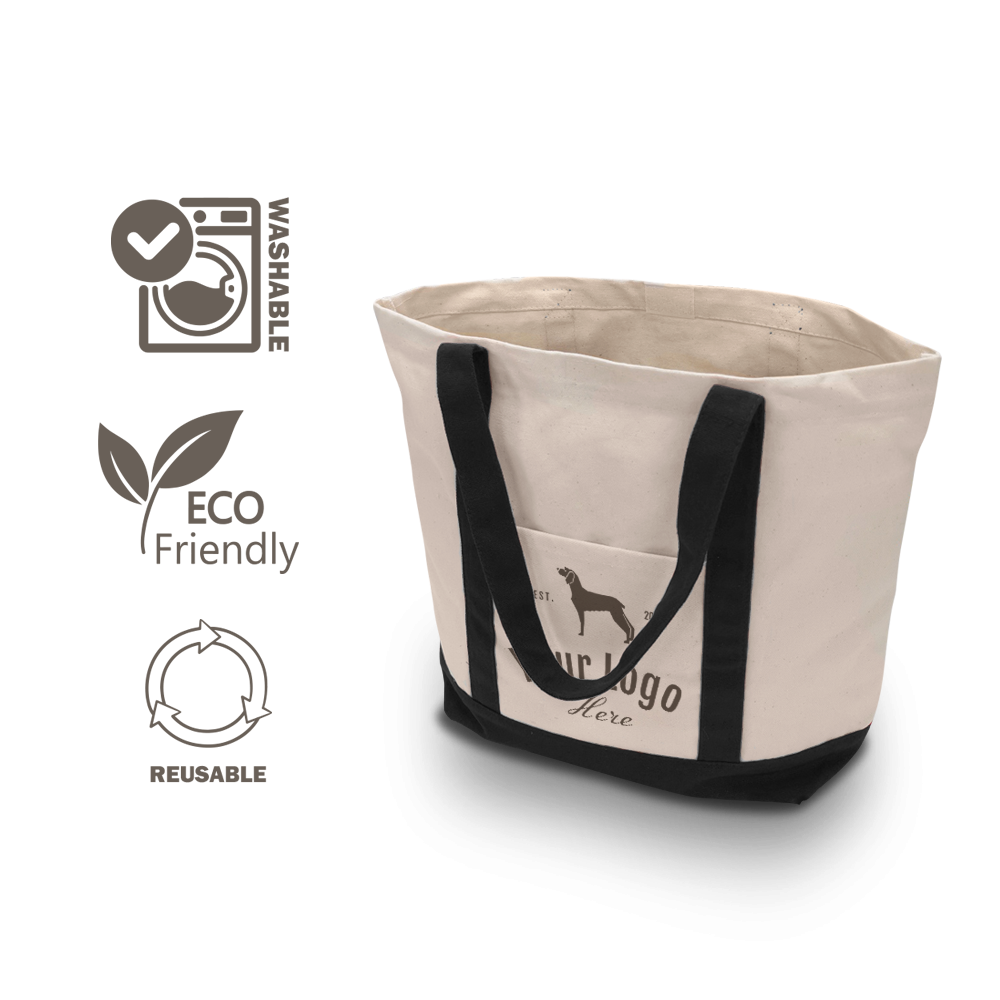Black-trim canvas tote bag with front pocket, labeled washable, eco-friendly, and reusable.