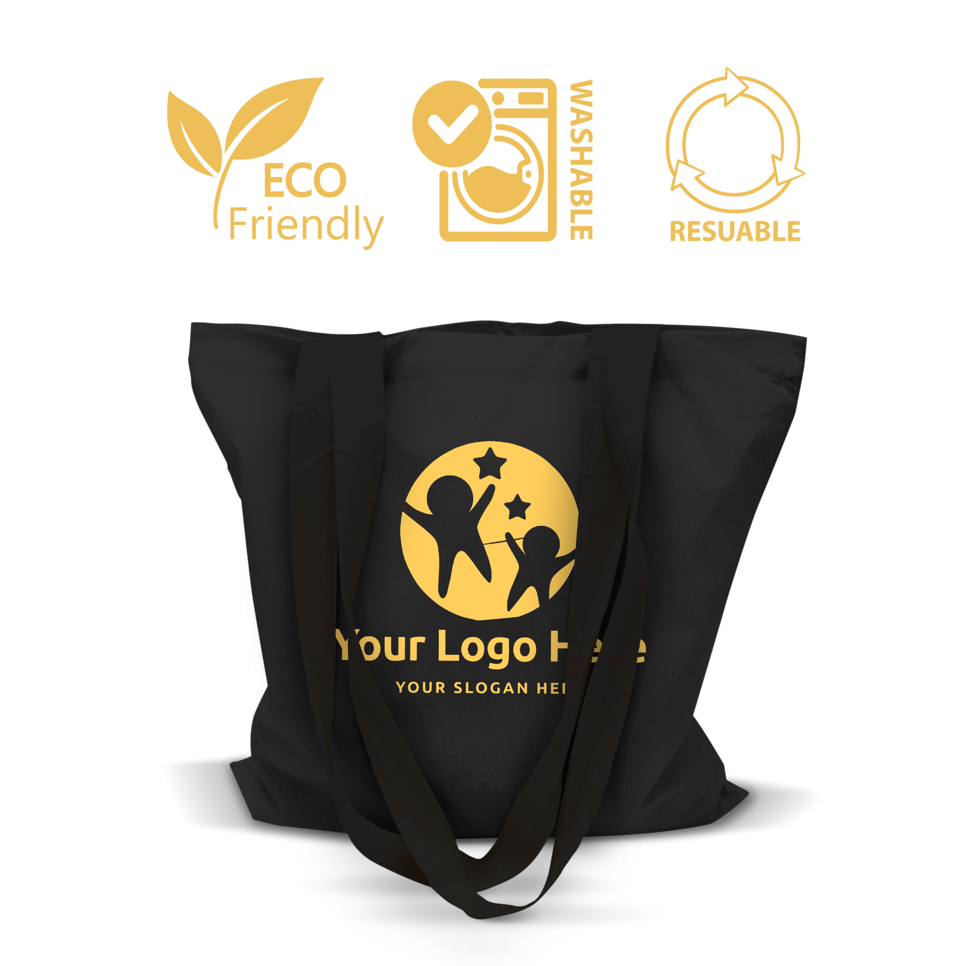 Black eco-friendly tote bag with long handles, washable and reusable design.