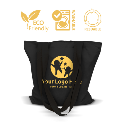 Black eco-friendly tote bag with long handles, washable and reusable design.
