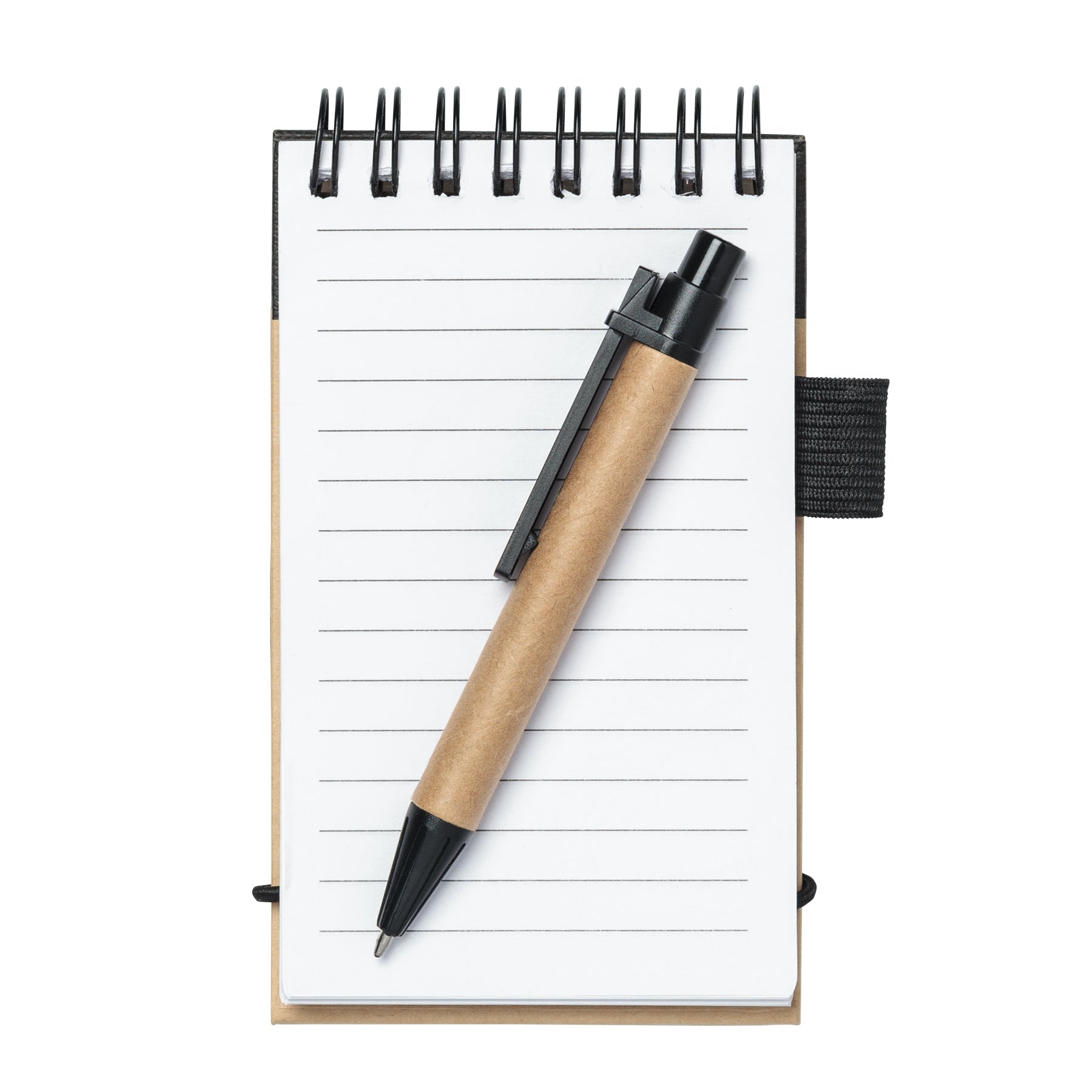 Eco-friendly spiral notepad with lined pages and a recycled kraft cover, featuring a matching kraft and black ballpoint pen placed diagonally on top.