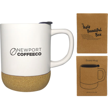 Matte ceramic mug with a natural cork base and secure lid, featuring a custom logo. Packaged in an eco-friendly box.