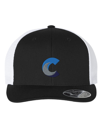 Front view of Flexfit 110® mesh-back cap in black with white mesh and an embroidered gradient "C" logo.
