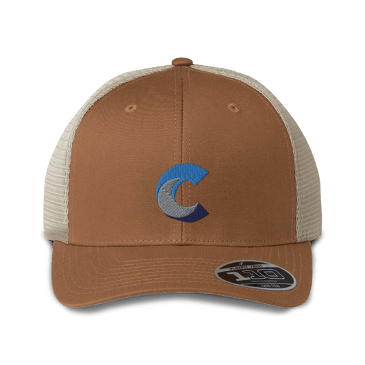 Flexfit 110® mesh-back cap in brown with tan mesh and custom embroidered logo on the front.
