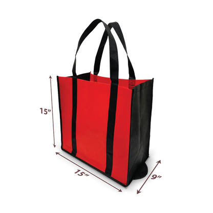 Red and black non-woven reusable tote bag with long black handles, measuring approximately 15" H x 15" W x 9" D.