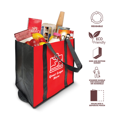 Red and black non-woven reusable shopping tote filled with groceries, featuring long handles and eco-friendly icons