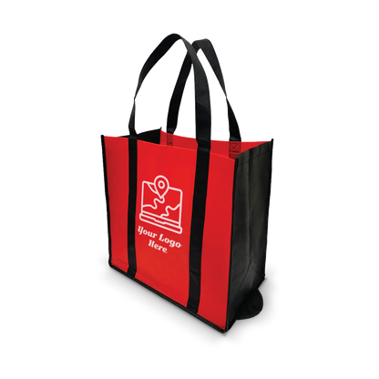 Red and black foldable shopping tote with black handles and customizable front panel.