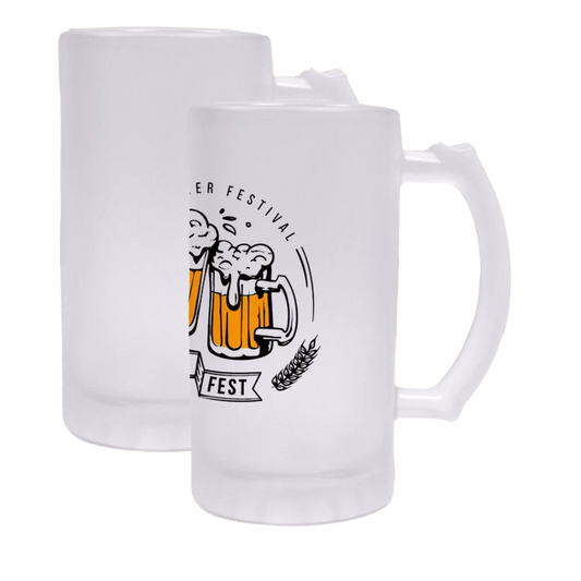 Frosted glass beer stein with a custom printed "Beer Festival" design, featuring two clinking beer mugs and a wheat graphic.