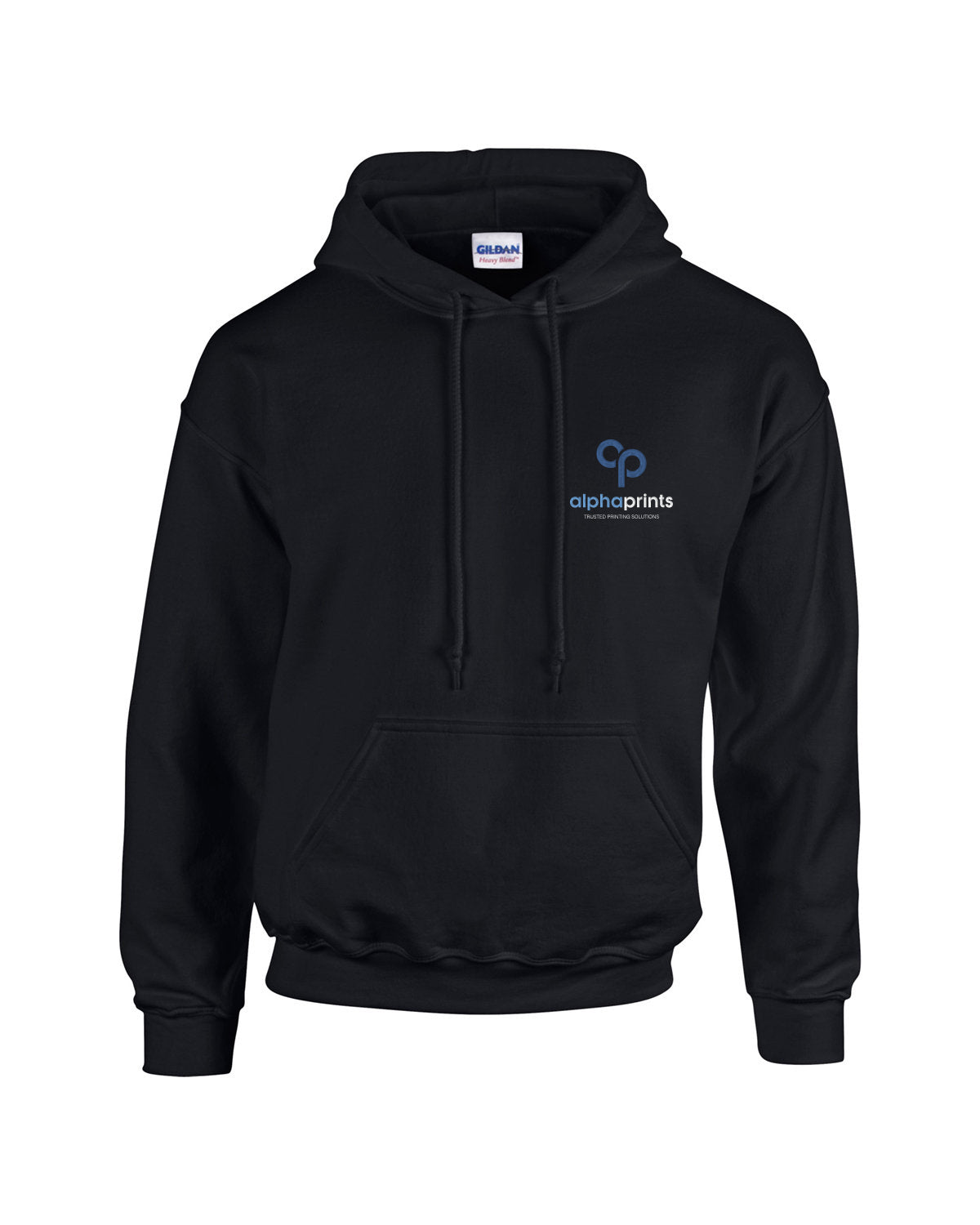 Black Gildan Adult Heavy Blend 8oz Hoodie (G185) with customized embroidery on the left chest, featuring the "alphaprints" logo in white and blue.