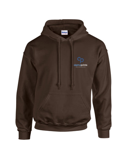 Dark chocolate Gildan Adult Heavy Blend 8oz Hoodie with customized embroidery on the left chest, featuring the "alphaprints" logo in white and blue.