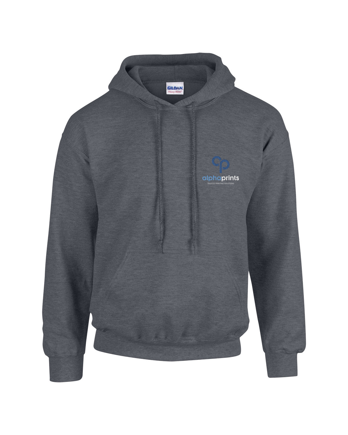 Dark heather Gildan Adult Heavy Blend 8oz Hoodie with customized embroidery on the left chest, featuring the "alphaprints" logo in white and blue.