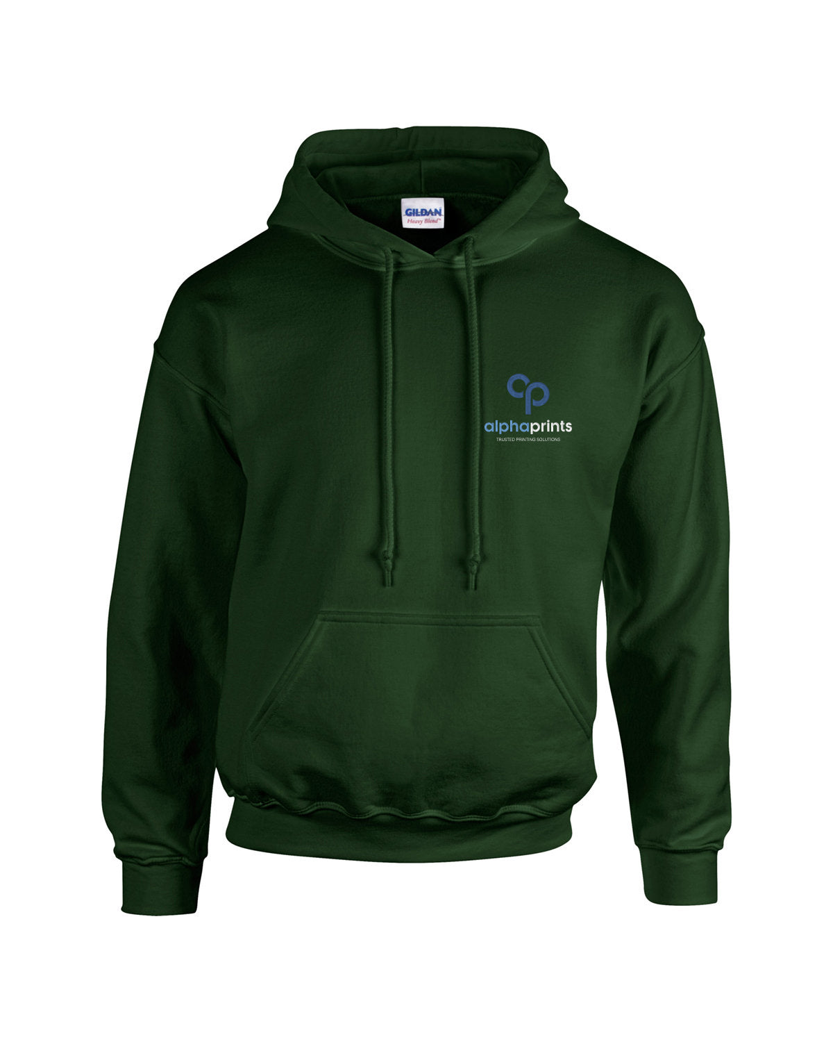 Forest green Gildan Adult Heavy Blend 8oz Hoodie with customized embroidery on the left chest, featuring the "alphaprints" logo in white and blue.