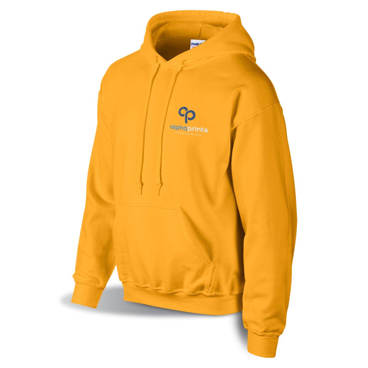 Yellow Gildan Adult Heavy Blend 8oz Hoodie with customized embroidery on the left chest, featuring the "alphaprints" logo in white and blue.