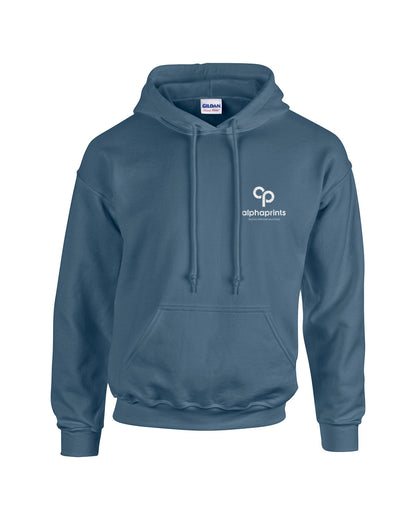 Indigo blue Gildan Adult Heavy Blend 8oz Hoodie with customized embroidery on the left chest, featuring the "alphaprints" logo in white and blue.