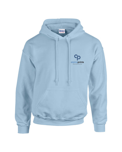 Light blue Gildan Adult Heavy Blend 8oz Hoodie with customized embroidery on the left chest, featuring the "alphaprints" logo in black and blue.