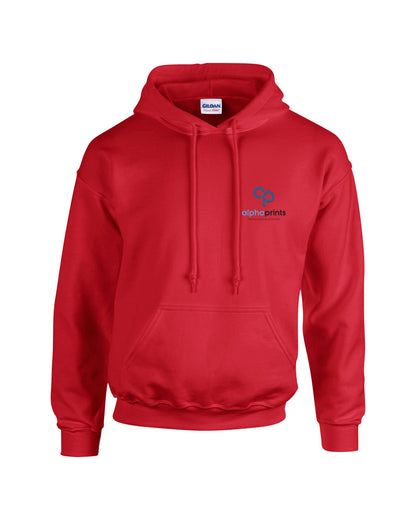 Red Gildan Adult Heavy Blend 8oz Hoodie with customized embroidery on the left chest, featuring the "alphaprints" logo in black and blue.