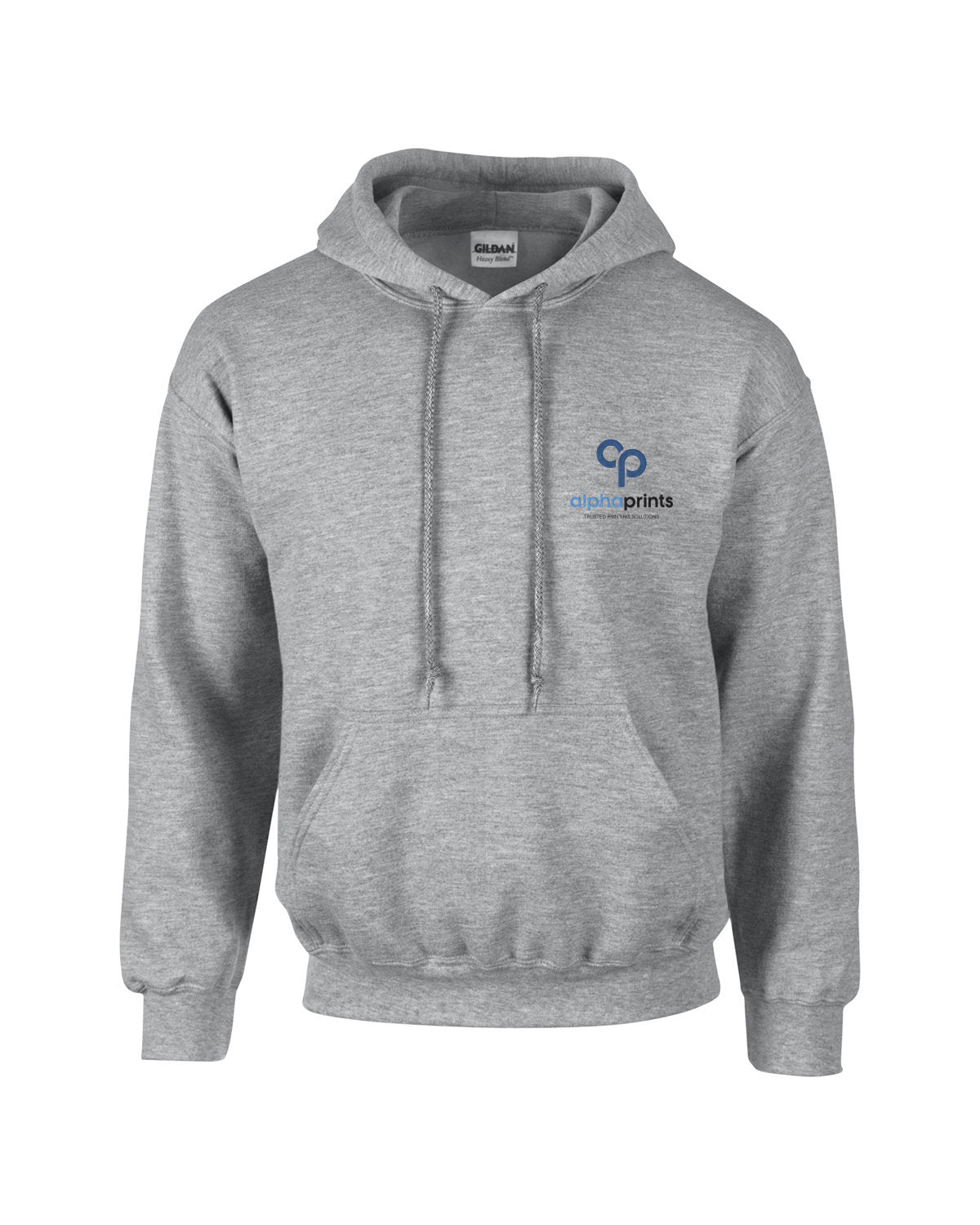 Sport grey Gildan Adult Heavy Blend 8oz Hoodie with customized embroidery on the left chest, featuring the "alphaprints" logo in black and blue.