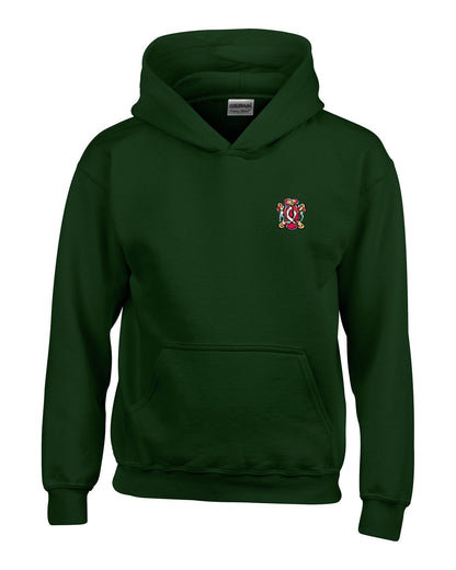 Forest green hoodie with front pocket and small embroidered crest on the chest.