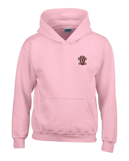 Pink hoodie with front pocket and small embroidered crest on the chest.