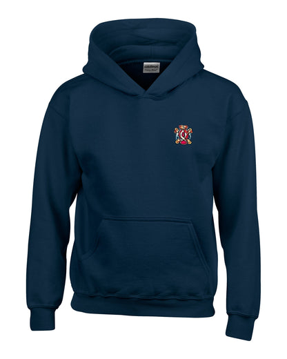 Navy blue hoodie with front pocket and small embroidered crest on the chest.