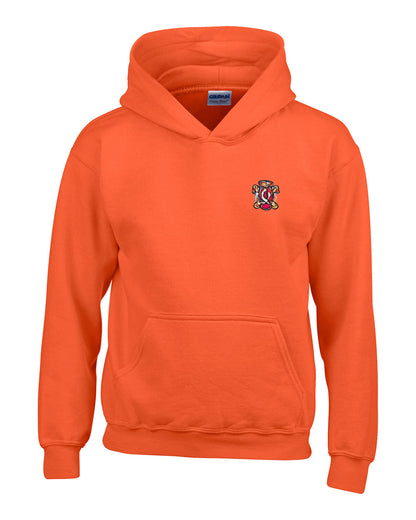 Orange hoodie with front pocket and small embroidered crest on the chest.