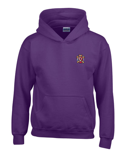 Purple hoodie with front pocket and small embroidered crest on the chest.