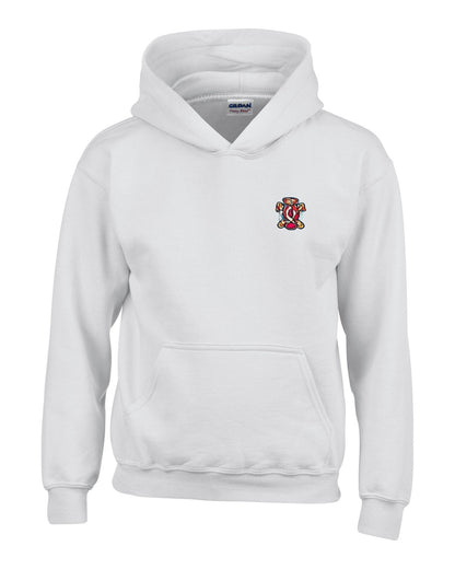 White hoodie with front pocket and small embroidered crest on the chest.