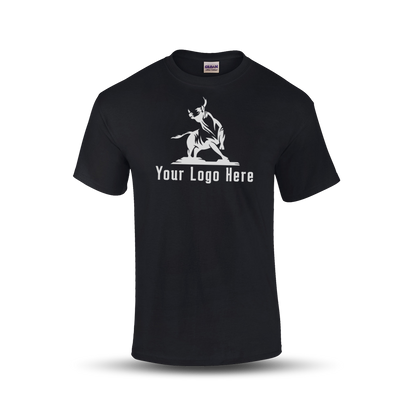 Black short-sleeve t-shirt with a bold martial arts figure logo and customizable "Your Logo Here" text on the front.