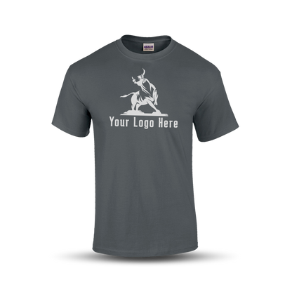 Charcoal short-sleeve t-shirt with a bold martial arts figure logo and customizable "Your Logo Here" text on the front.