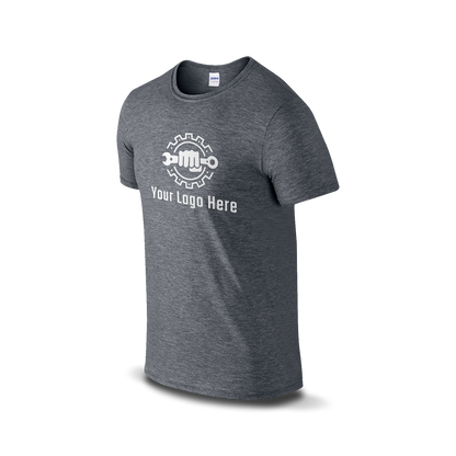 Dark heather short-sleeve t-shirt with a bold martial arts figure logo and customizable "Your Logo Here" text on the front.
