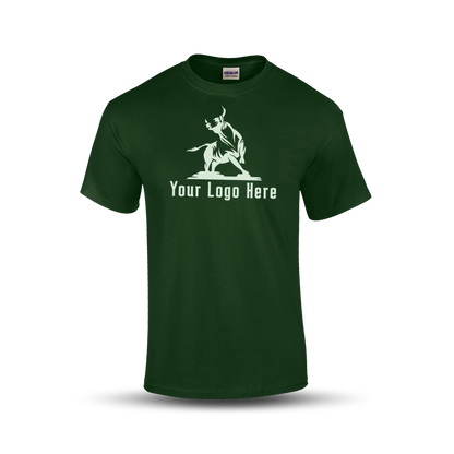 Forest green short-sleeve t-shirt with a bold martial arts figure logo and customizable "Your Logo Here" text on the front.
